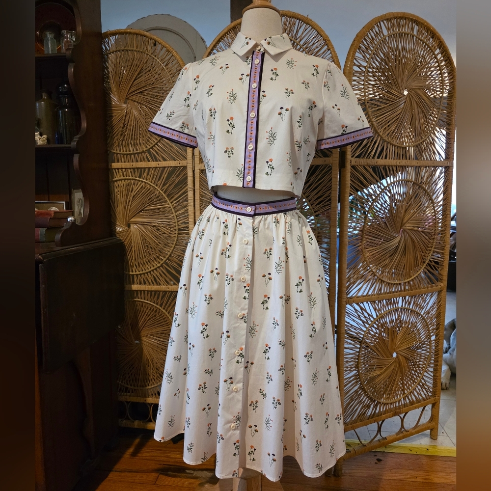 Gal Meets Glam Cream Floral Two-Piece Midi Dress with Purple Trim